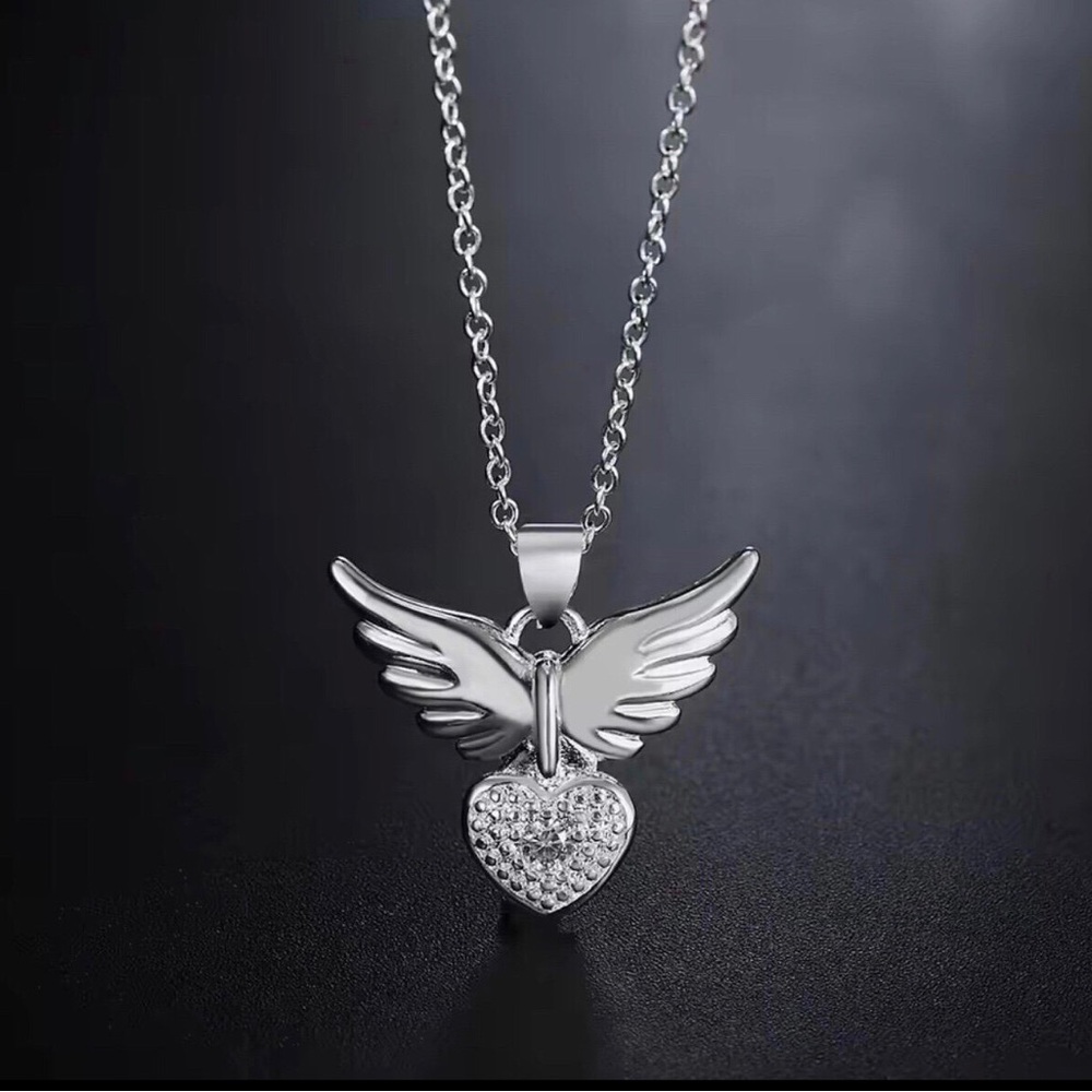 Sterling Silver Angel Wings Heart Pendant Necklace